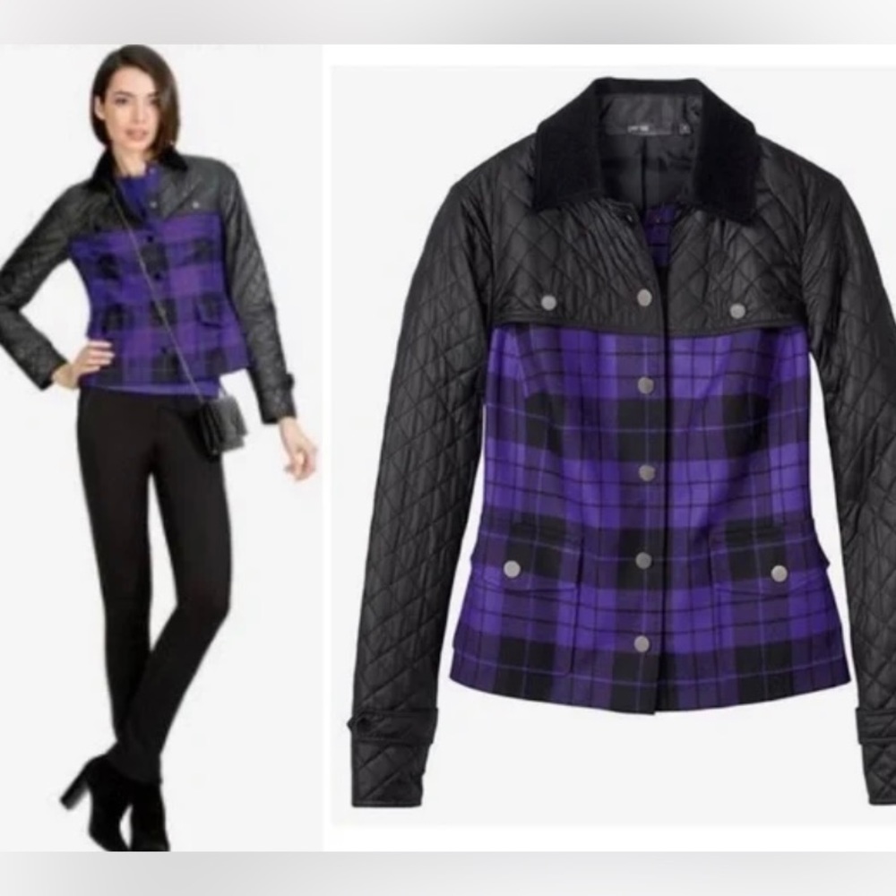 Per Se | Wool & Quilted Plaid Cropped Purple & Black Jacket Blazer Size …